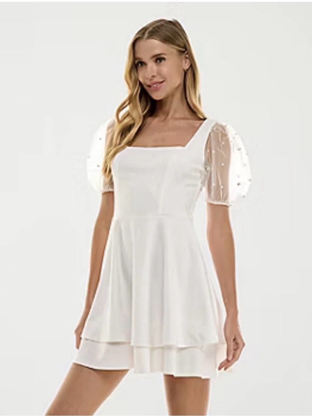 City Triangles Ivory Square Neck Puff Sleeve with Pearls Mini Dress